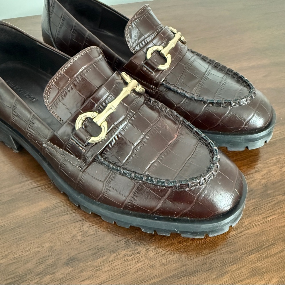J MCLAUGHLIN MONIKA PENNY LOAFERS BROWN LEATHER CROC LUG SOLE HORSE BIT DETAIL 7 - Picture 5 of 11